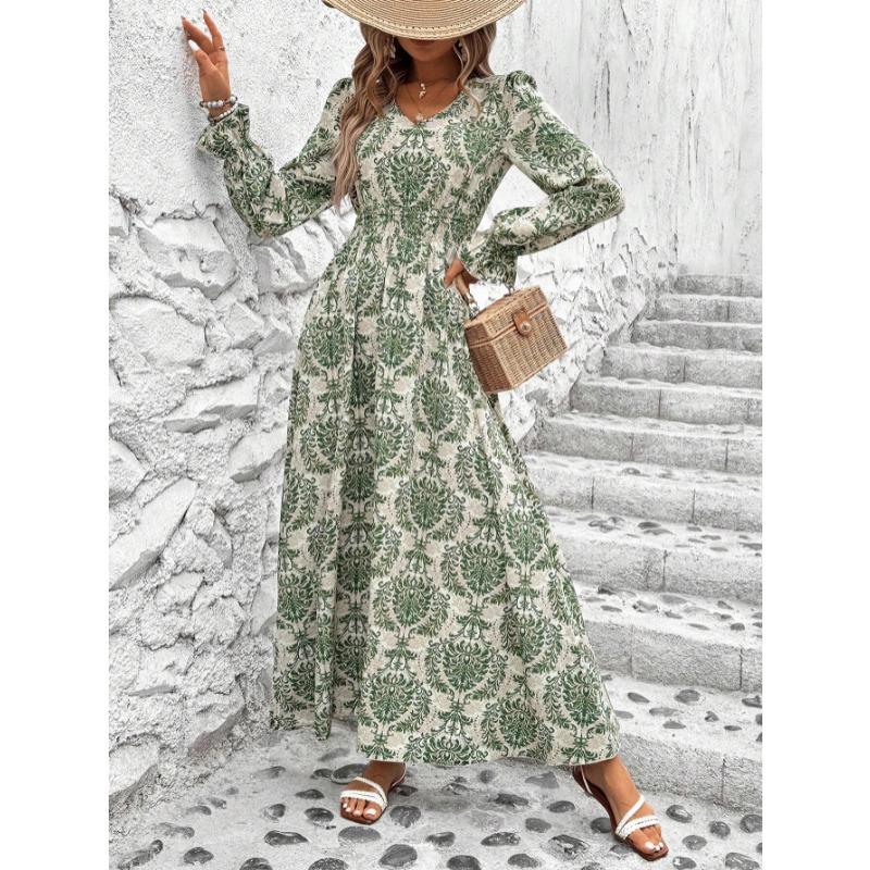 Fashion V-neck Long Sleeve Printed Loose Women Dress Spring Autumn Elegant A-line Party Long Versatile Dress Slim Fit Holiday Women's Clothing