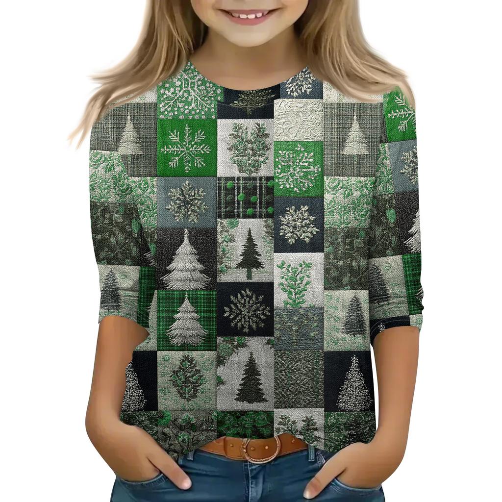 Christmas Day Print Tops For Youth Girls 4-11 Years Round Neck 3/4 Sleeves T-Shirts Trendy Tops Outfit Tees