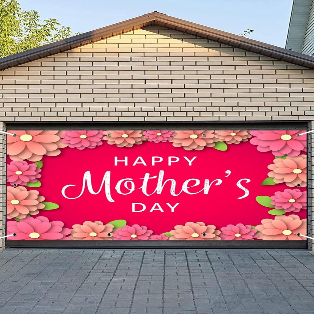 CSFOTO 7x16ft Happy Mother's Day Garage Door Decorative Banner Floral Wall Pink Background Large Garage Door Cover Outdoor Indoor Mother's Day Party