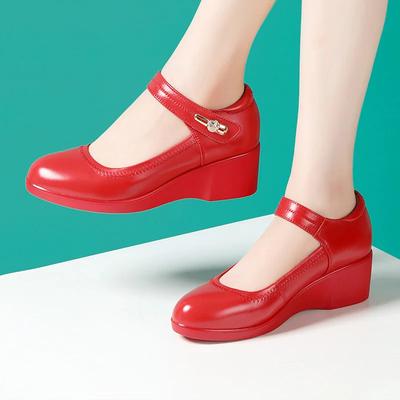 5cm Comfortable Med Heels Platform Wedges Shoes for Women 2025 Shallow Genuine Leather Wedding Shoes Red for Office Mom Dance