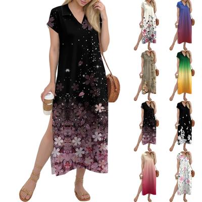 Women's Long Skirt Casual V-neck Long Shirt Dress Loose Slit Holiday Short Sleeve Dress