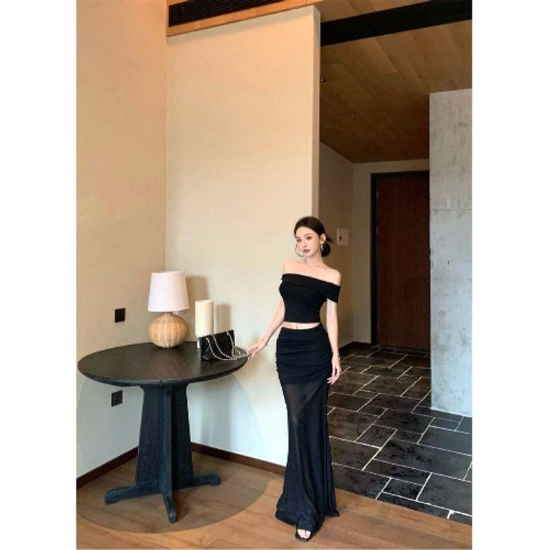 

Kumikumi Fashion Suit Black Silm off-Neck T-shirt Female Autumn Mesh Stitching Skirt Two-piece Set Black Suit M