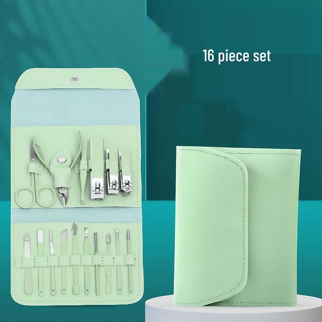 16-Piece Manicure Set: Nail Clippers, Pliers, Ear Pick, Cuticle Scissors, Pedicure Tools, Folding Bag.
