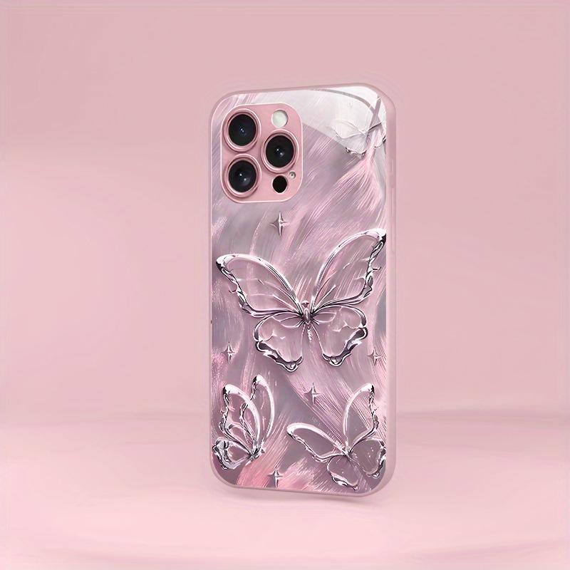 Glänzendes Schmetterlingsmuster Rosa Metallic Lack Glas Harte Handyhülle Für iPhone 17Air 17 16 15 14 13 12 11 Pro Max Plus 16E Hülle