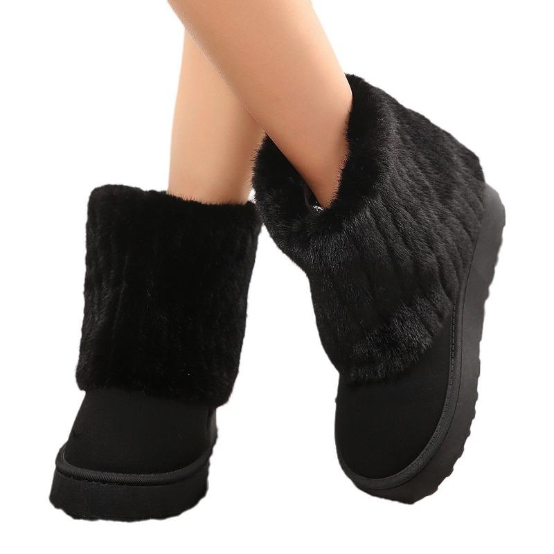Cotton boots thick-soled round head flanged hairy trousers mid-tube women's boots autumn and winter new foreign trade large-size women's snow boots