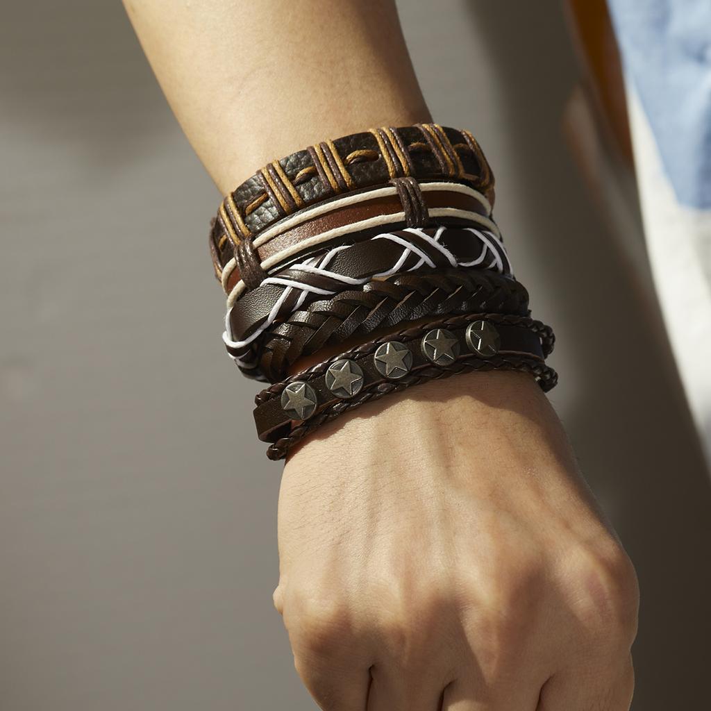Vintage Multi-layer Feather Moon Leather Braid Bracelets Bangles For Men Handmade Geometric Star Rope Wrap Bracelet Jewelry Gift