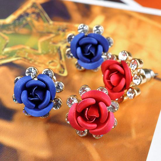 Women's Fashion Rose Flower Ear Studs Rhinestone Inlaid Earrings Jewelry Gift