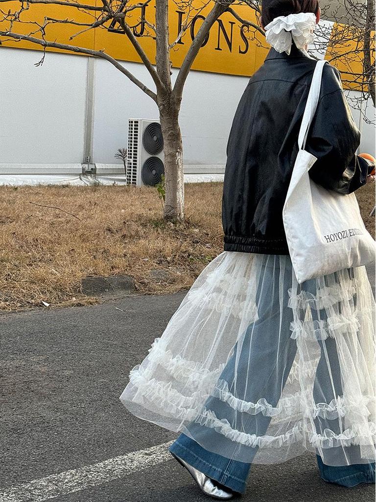 LUXI Korean Sweet Mesh See-Through Camisole Dress with Layered Blouse & Lace Long Skirt