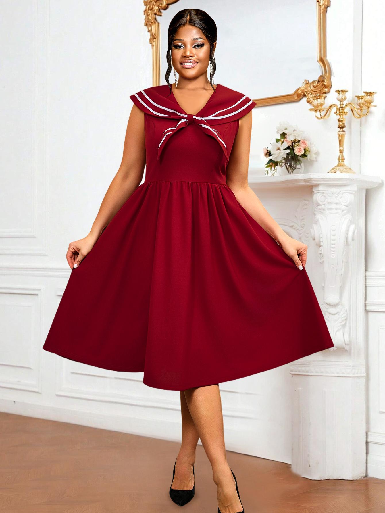 

Повседневное А-силуэтное платье для женщин с матросским воротником и деталью в виде галстука-бабочки, без рукавов, плиссированное миди-дизайна, элегантный винтажный стиль, летние повседневные наряды 4XL