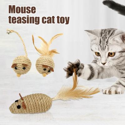 Natural Sisal Toy for Cats Handwoven Sisal Balls Mice Toys with Feather/Bell Interactive Cat Scratcher Chew Toy for Kitten Kicker
