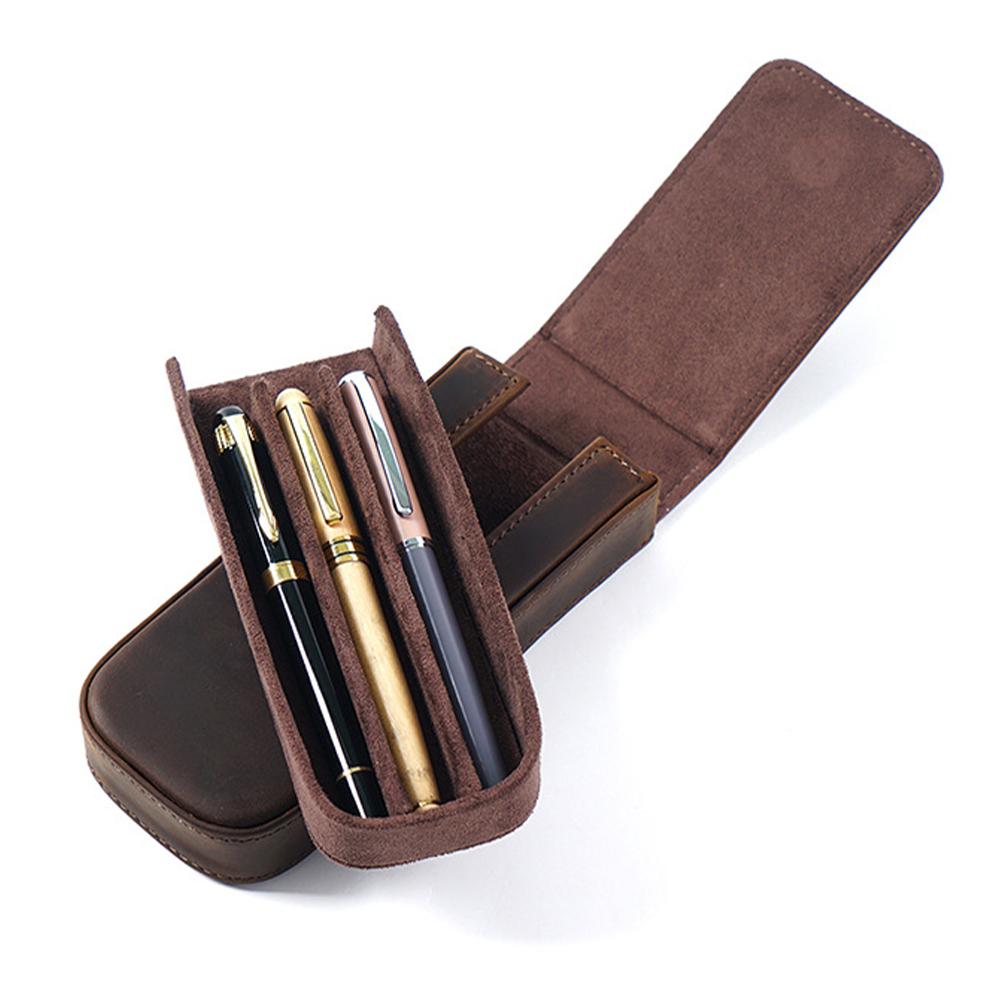 Retro Genuine Leather Zipper Closure Fashion Durable Pencil Drawer Organizer Crazy Horse Cowhide Pen Storage Three Pen Case Bag