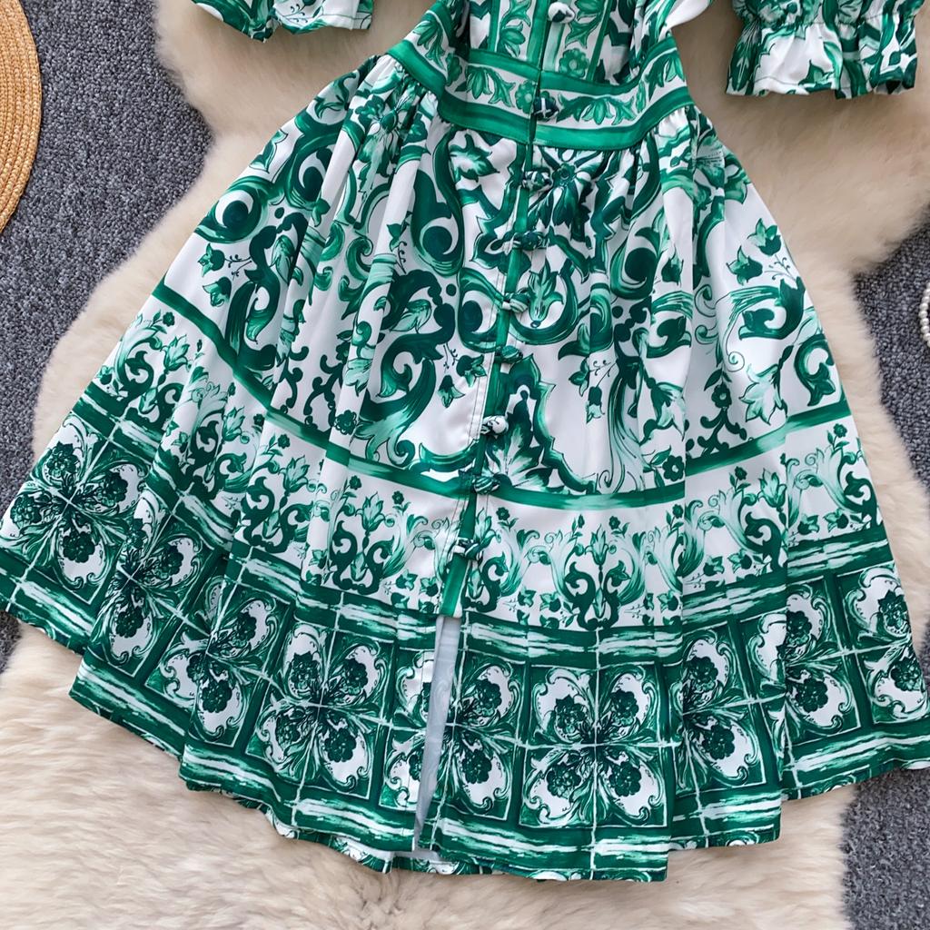 Summer Women Elegant Flare Sleeve Designer Print Runway Dresses V-neck Single Breasted Mini Short Party Dress