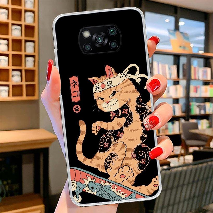 Ramen Sushi Samurai Tattoo Cat Cover Phone Case For Xiaomi Poco F7 Ultra X7 X6 X5 Pro M7 Redmi 15C 15 13C 13 12C 12 10C 10 9A 9C