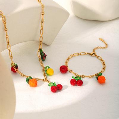 18K Gold Plated Stainless Steel Necklace with Fruit Pendant and Titanium Steel Bracelet for Women