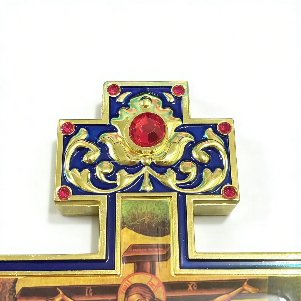 HT Byzantine Orthodox Crucifix Gold-Plated Enamel Cross with Red Rhinestones Hand Christian Cross for Church Prayer Home Decor
