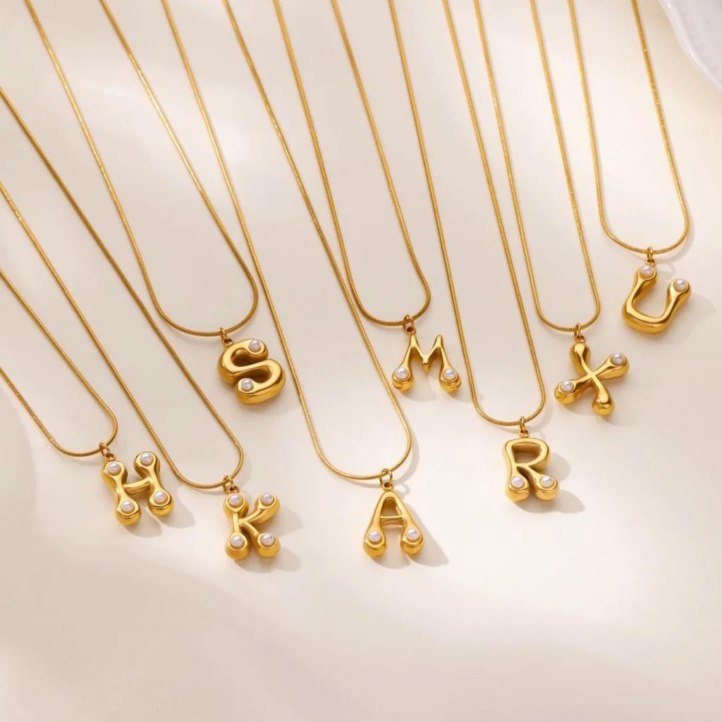 Initials Letter Pearl Necklaces For Women Gold Color Stainless Steel Letter Necklace Chain Collar Necklace Wedding Jewelry Gift
