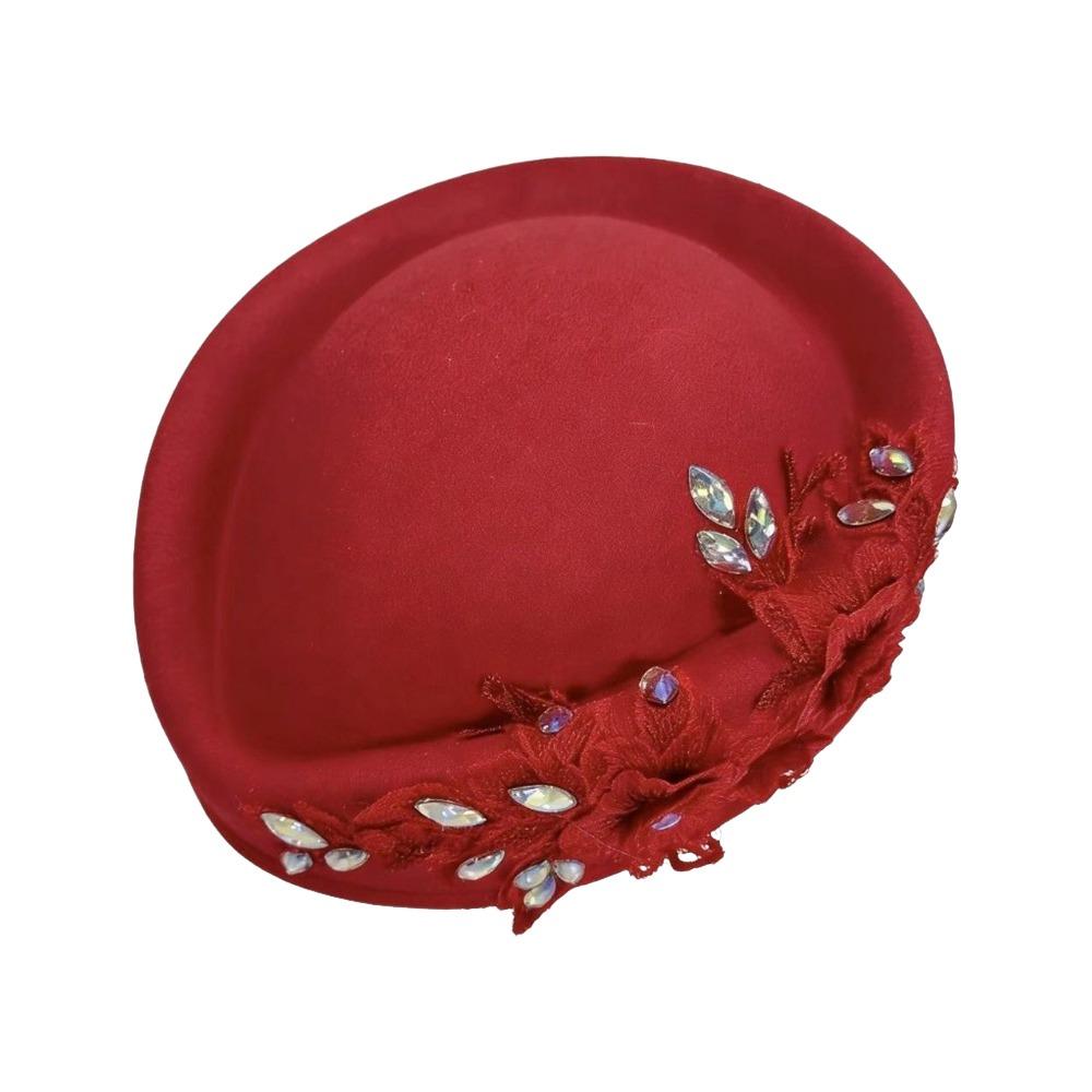 New British Retro Top Hats Diamond Flower Applique Formal Stewardess Hat Concave Top Solid Flight Attendant Hat for Party