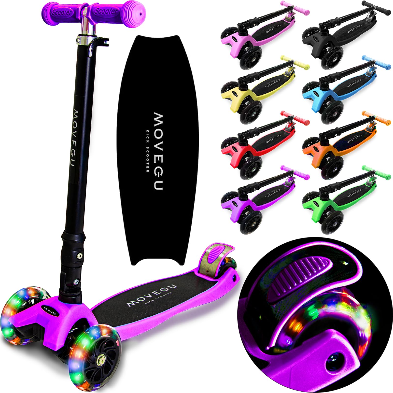 

MOVEGU Kids Kick Scooter Three-Wheel Vehicle 4-Stage Height Adjustable Lightweight Durable Foldable LED Light-up Tires Portable Max Load 50kg Rear
