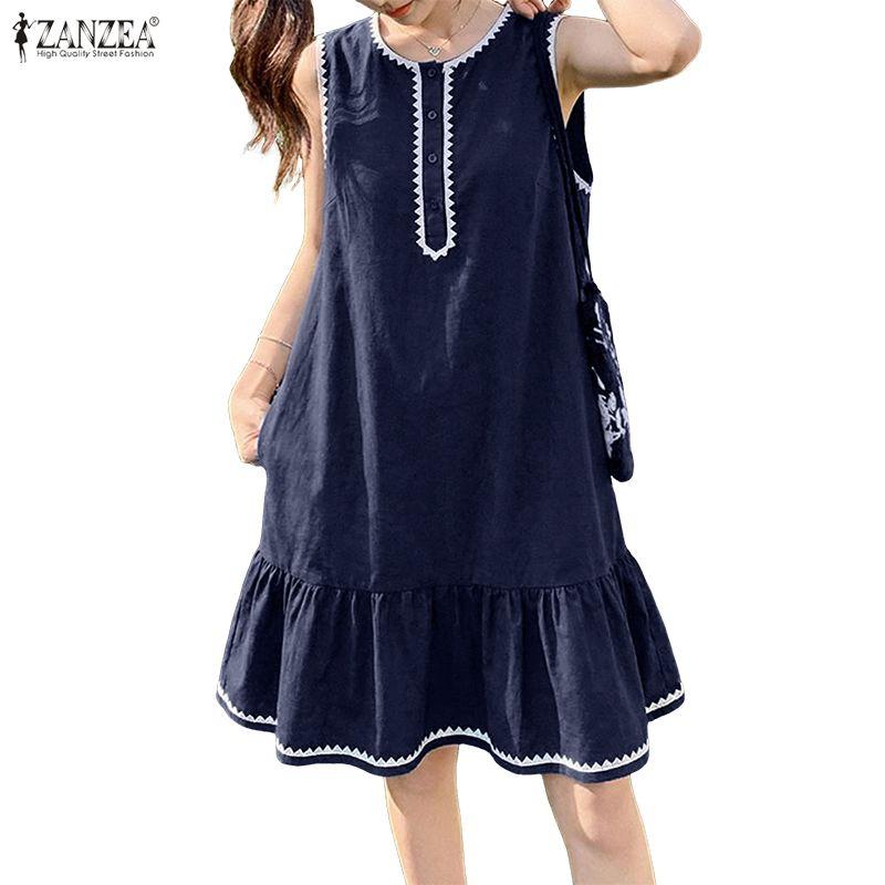 ZANZEA Women Casual Round Neck Loose Sleeveless Dress