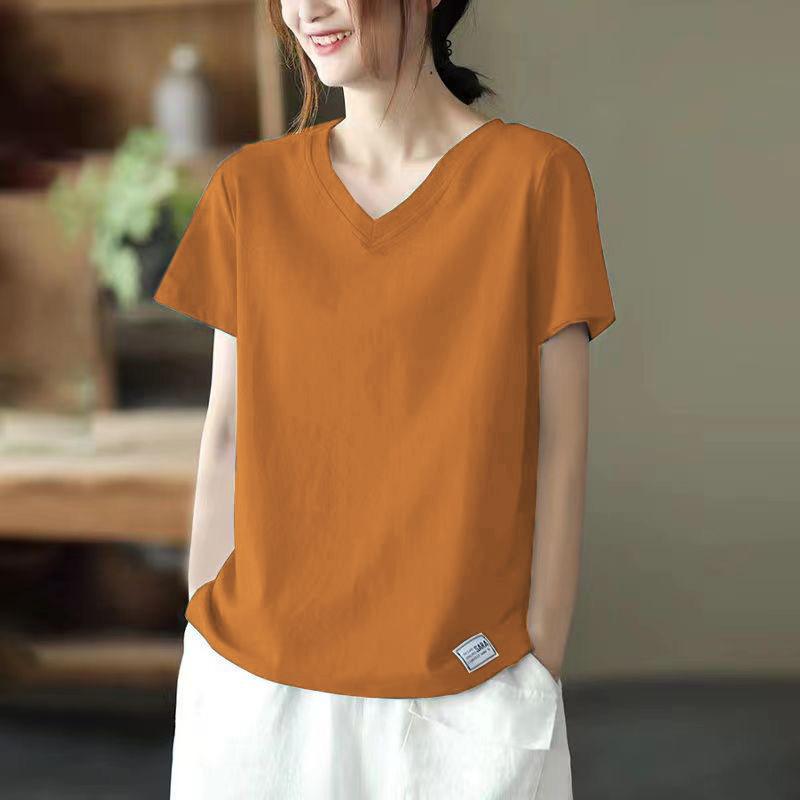 Belly-covering Shirt Loose Short-sleeved Summer New Versatile V-neck Design Labeling T-shirt Women