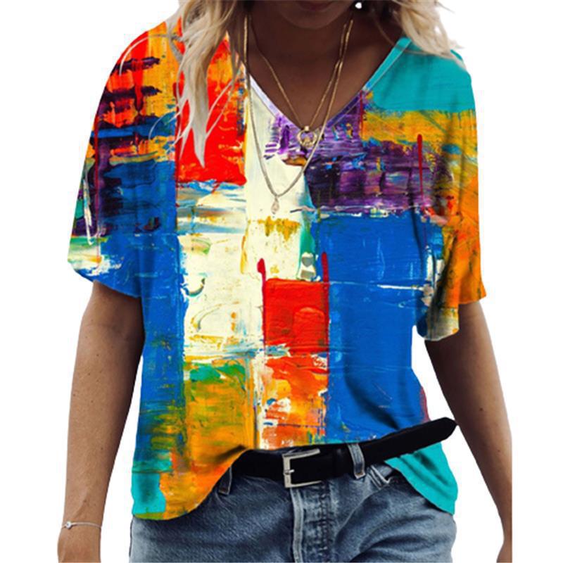 Women's T-shirt 3D Pattern Printed Casual Short Sleeved V-Neck Top Fashionable Street Women's Clothing