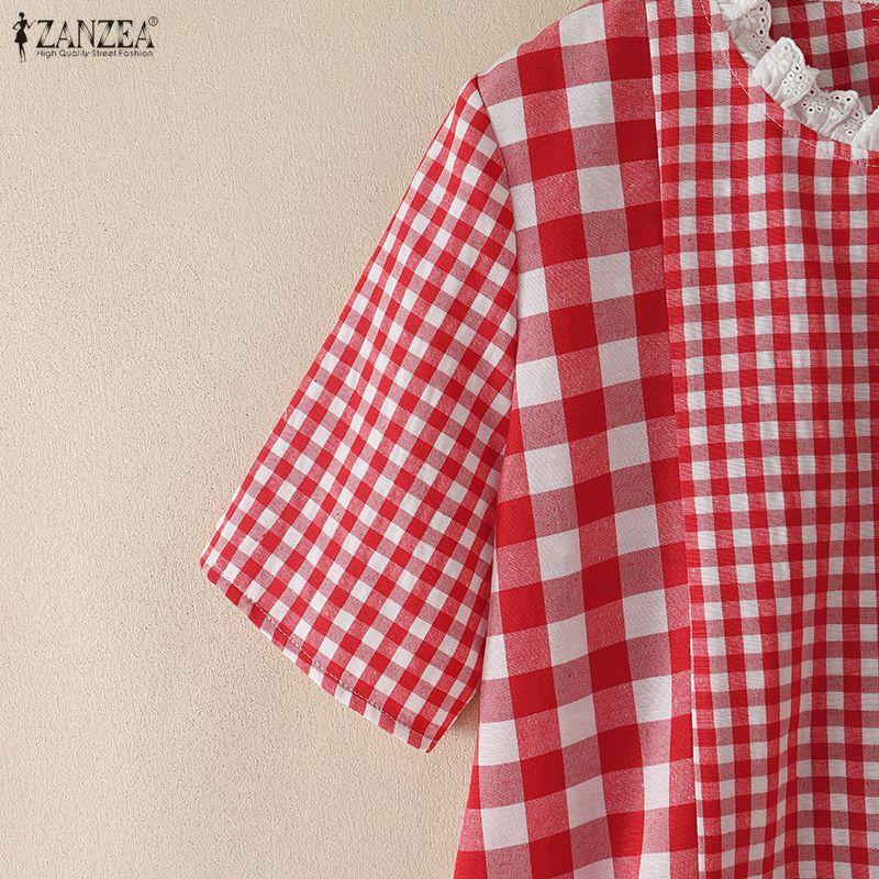 ZANZEA Women Plaid Print Casual Round Neck Loose Short Sleeve Blouse