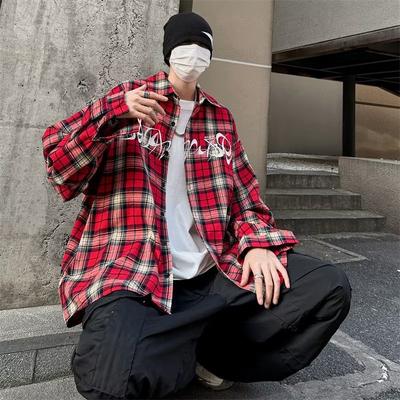 Boyue Women's Embroidered Plaid Shirt Spring and Autumn Japanese Style Versatile Student Ins Trendy Daily Red Men's and Women's High Street