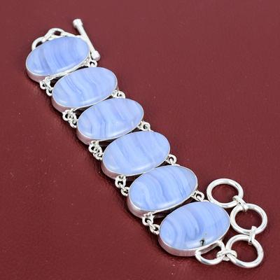 Bracelet en agate dentelle bleue bracelet en argent sterling 925 bracelet à chaîne réglable fait main bracelet de pierres précieuses bijoux en argent cadeaux d'anniversaire