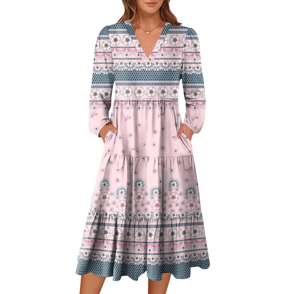 Damen V-Ausschnitt Fließendes Bohemian Langarm Blumenprint Kleid