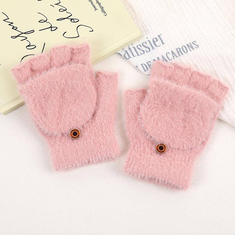 Women's Winter Plush Gloves: Fleece-Lined, Korean Style, Touchscreen, Half-Finger Cycling Gloves