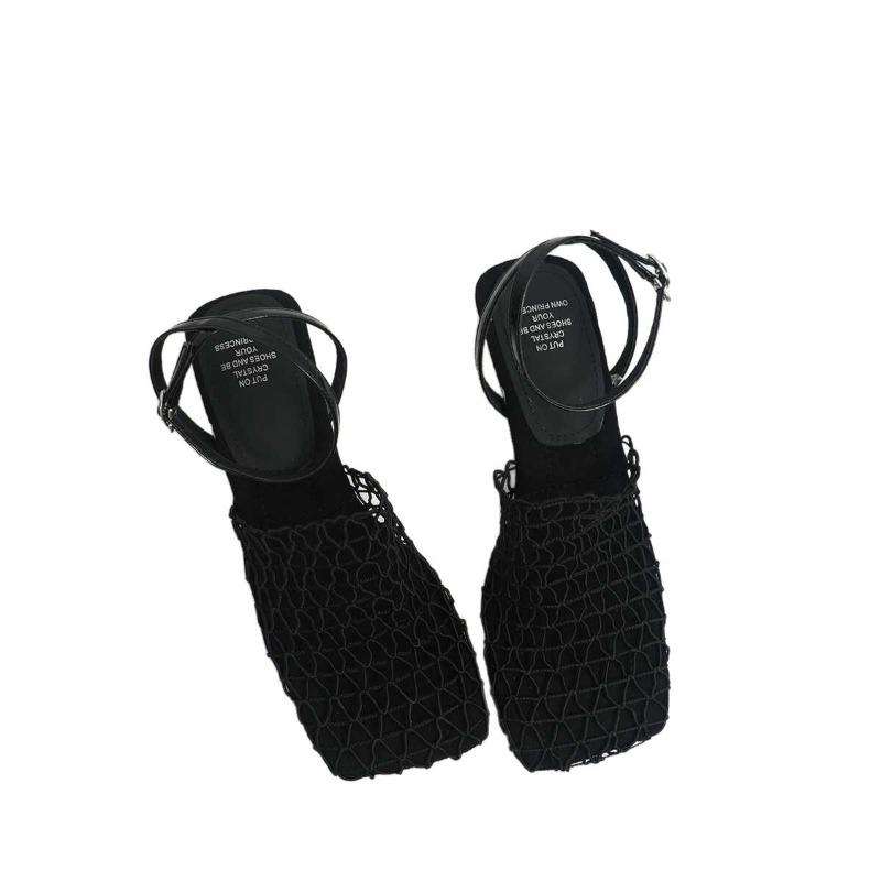 Fashion 2025 Summer New Luxury Designer Women's Sandals Lace Mesh Square Toe Shallow Narrow Strap Braided Slip-on Strange Style Sandals