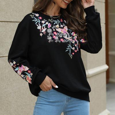 Damen Sweatshirt Ethno-Stil Blumenstickerei Rundhalsausschnitt Langarm Oberteil Kontrastfarbe