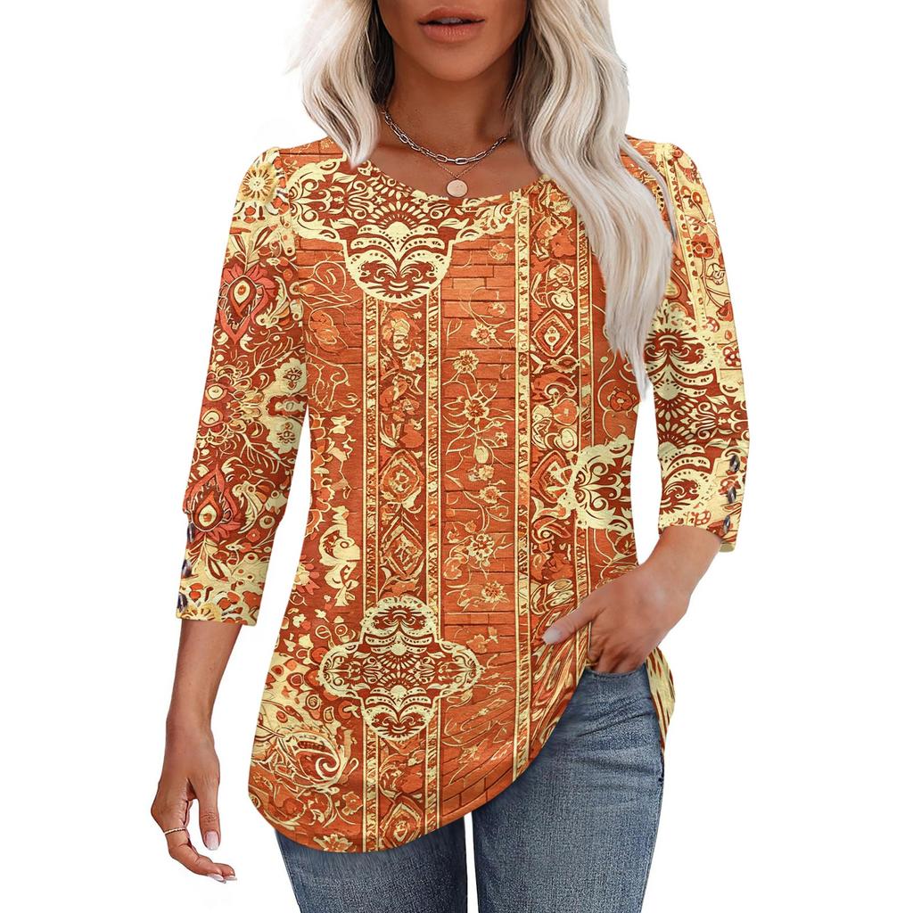 Damen Casual Lockere Passform Dreiviertelarm Oberteil Rundhalsausschnitt Bohème-Print Bluse Leichter Bequemer Stoff Geeignet für den täglichen Gebrauch