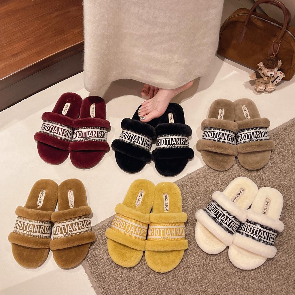 Fluffy cute plush slippers trendy girl autumn new warm fashion home letter flat bottom one word slippers