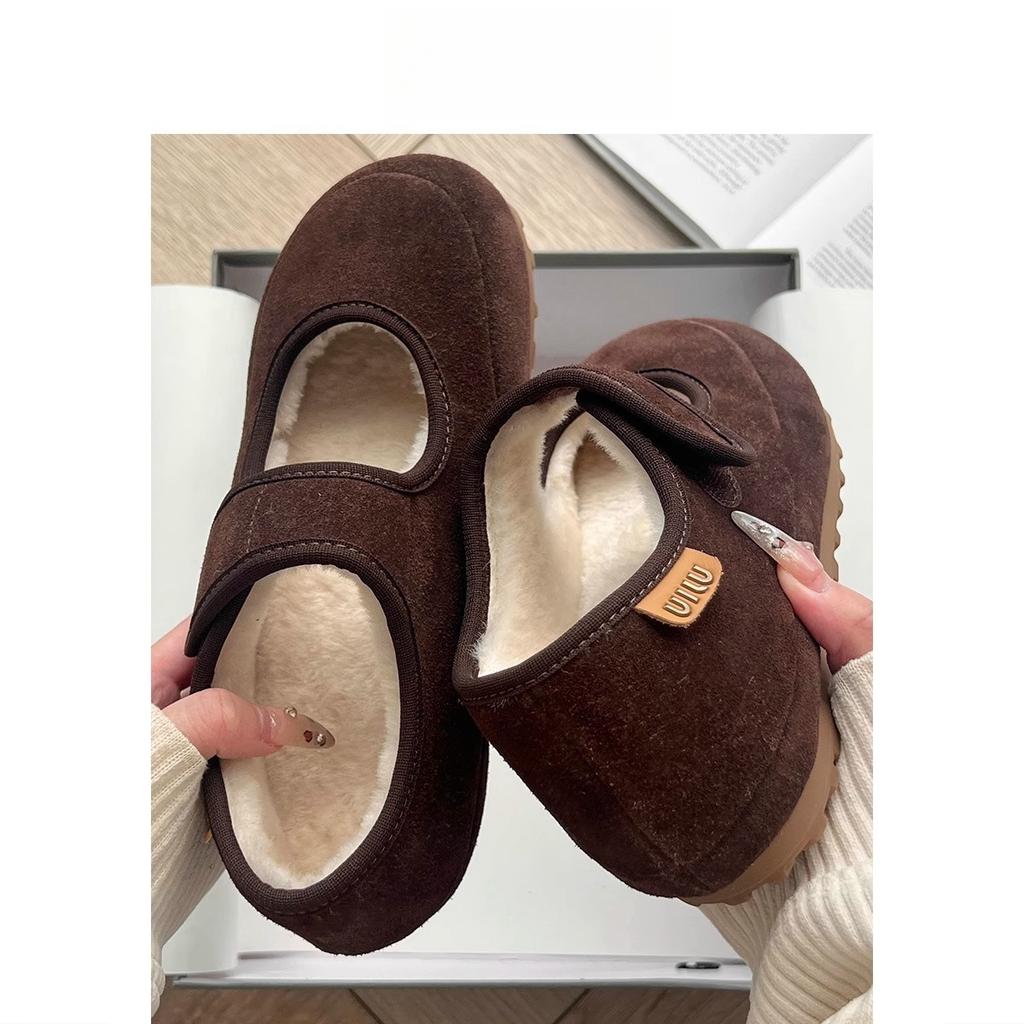 Soft Leather Version~ Heel Height 4cm Mary Jane Shoes Mao Mao Shoes 2025 New Suede Velcro Fleece Warm Casual Shoes