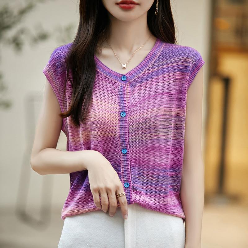 Women's wool sleeveless cardigan Qinghe cashmere 50% silk 50% wool spring and summer wool short sleeve sleeveless vest soft and comfortable