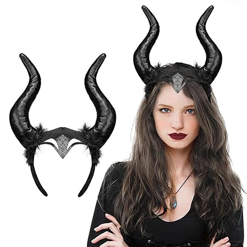 Women Halloween Long Demon Ox Horn Headband Evil Queen Glitter Hair Hoop Cosplay Costume Magic Witch Headpiece Accessory