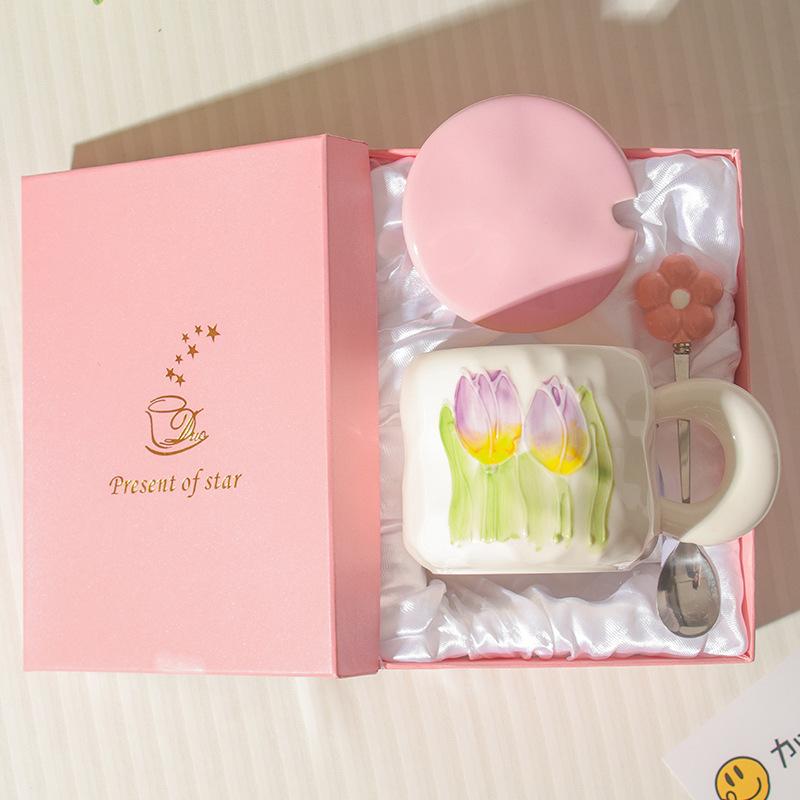 High Value Ins Style Tulip Cup for Girls Cute Ceramic Mug with Lid Spoon Couple Home Coffee Cup