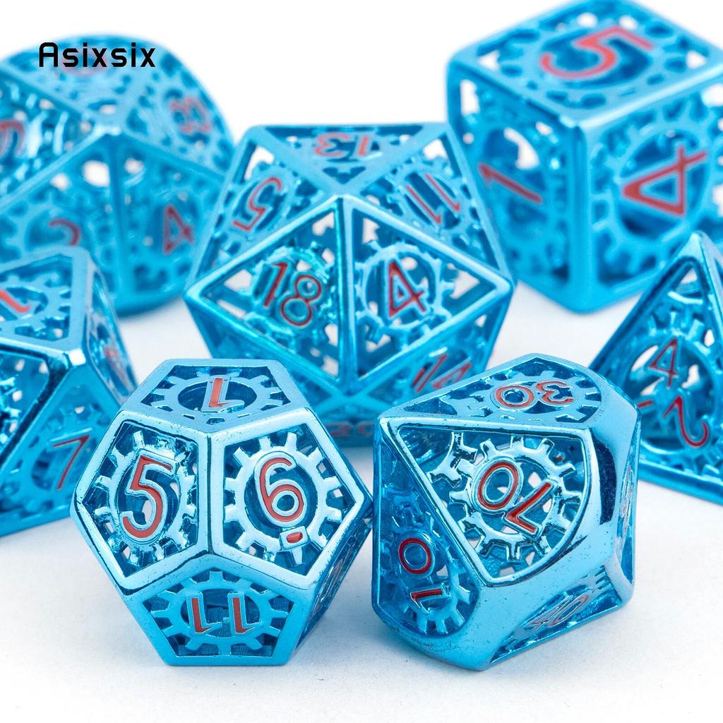 7 Pcs Red Blue Gear Wheel Metal Dice Hollow Metal Polyhedral Dice Set Suitable for Role-Playing RPG  Board Game Card Game