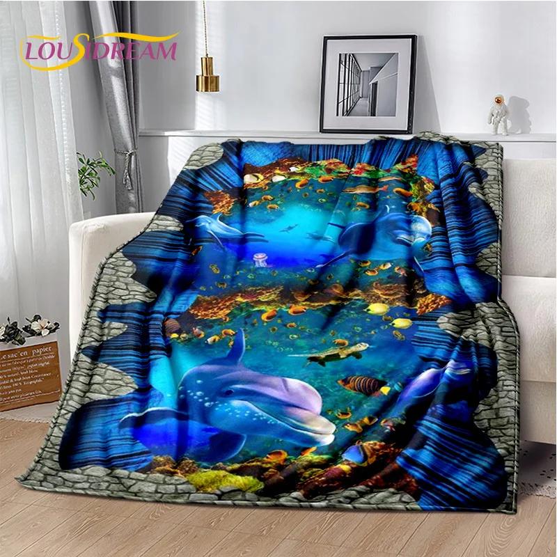 Underwater World 3D Illusion Seabed Cartoon Shark Dolphin Blanket,Soft Throw Blanket for Home Bedroom Bed Sofa Travel Cover Kids