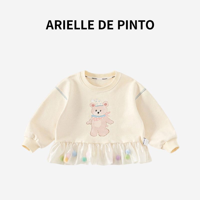 French Arielle De Pinto Girls  Round-Neck Cute Bear Print Mesh Hem Sweatshirt for Girls Rice White 120