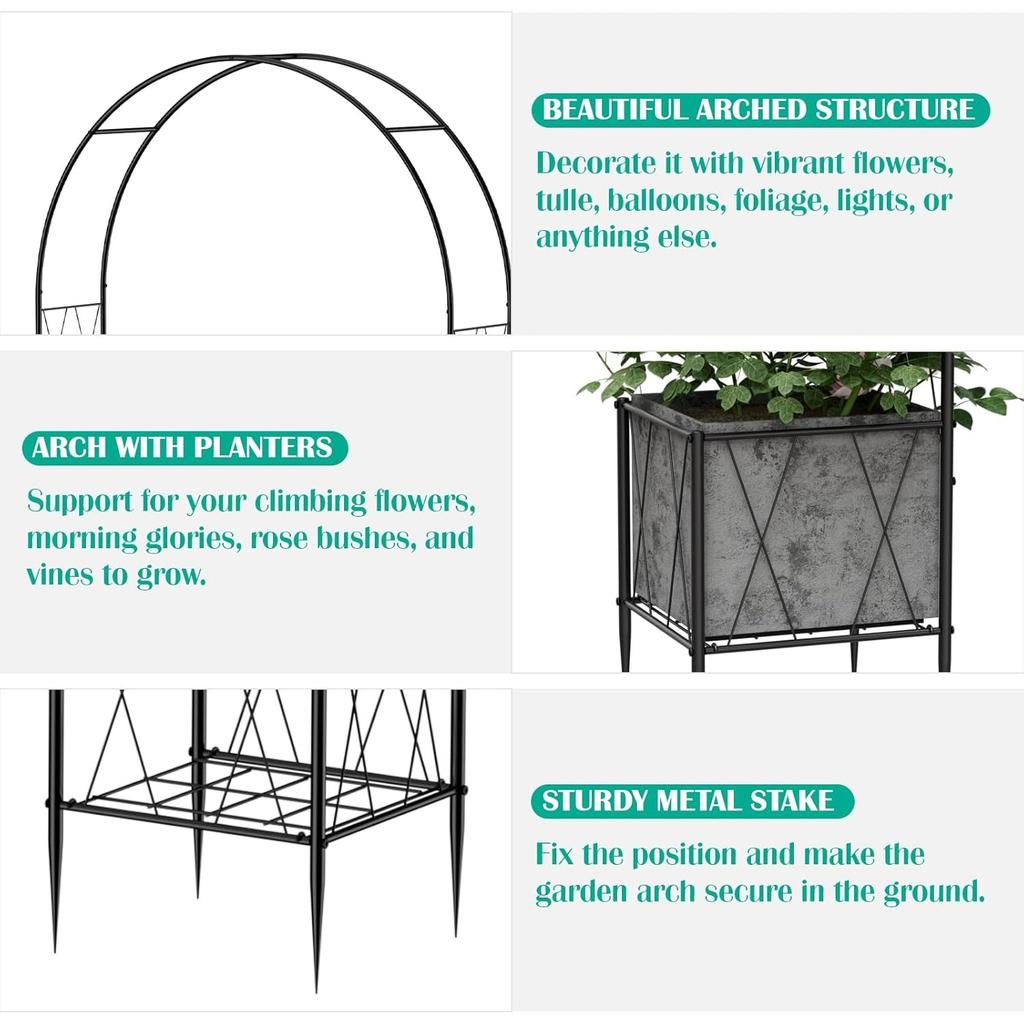 8.2ft Metal Garden Arch W/ Planter Boxes - Trellis for Climbing Plants, Wedding Arbor for Backyard Ceremony