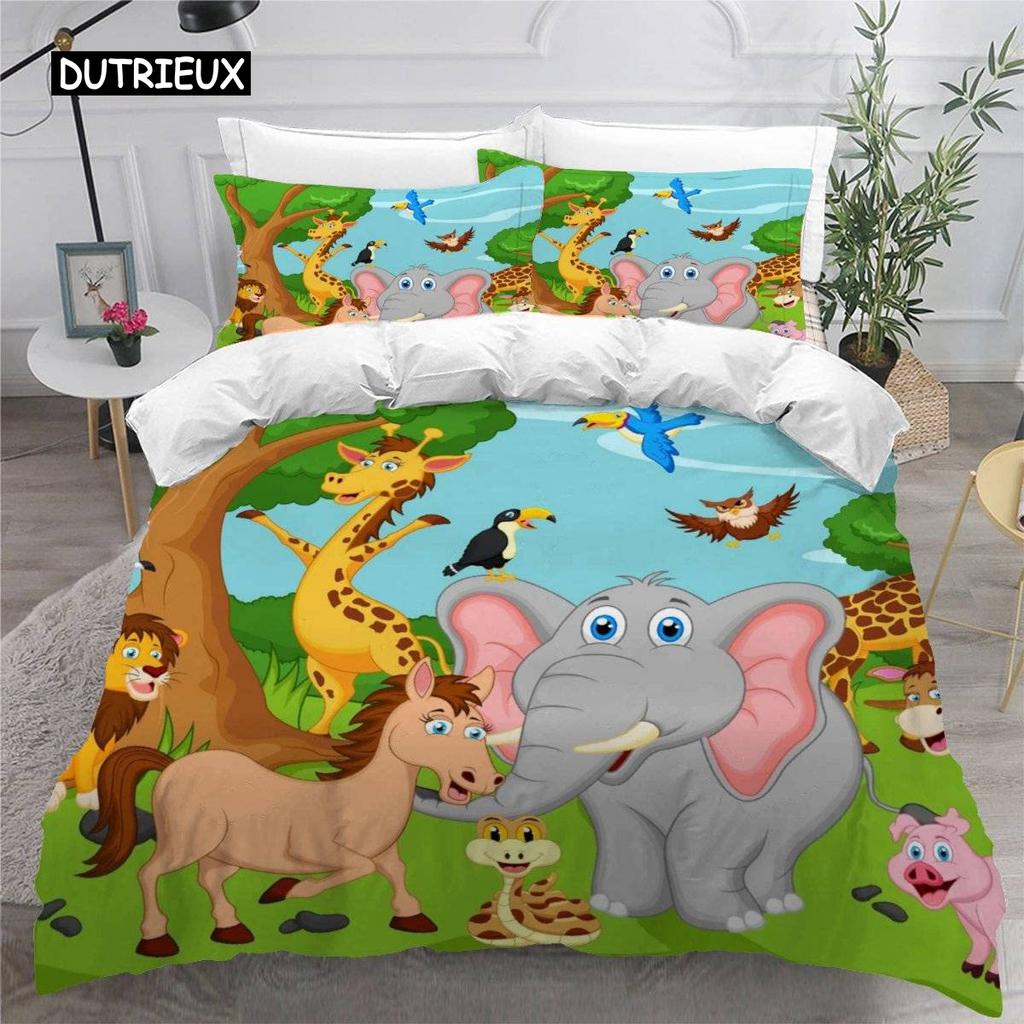 Cartoon Zoo Duvet Cover 3D Forest Animal Bedding Set for Kids Girls Soft Microfiber Quilt Cover with Zipper Closure
