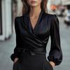 Women's V Neck Long Puff Sleeve Satin Wrap Blouse Self Tie Waist Elegant Office Crop Shirt
