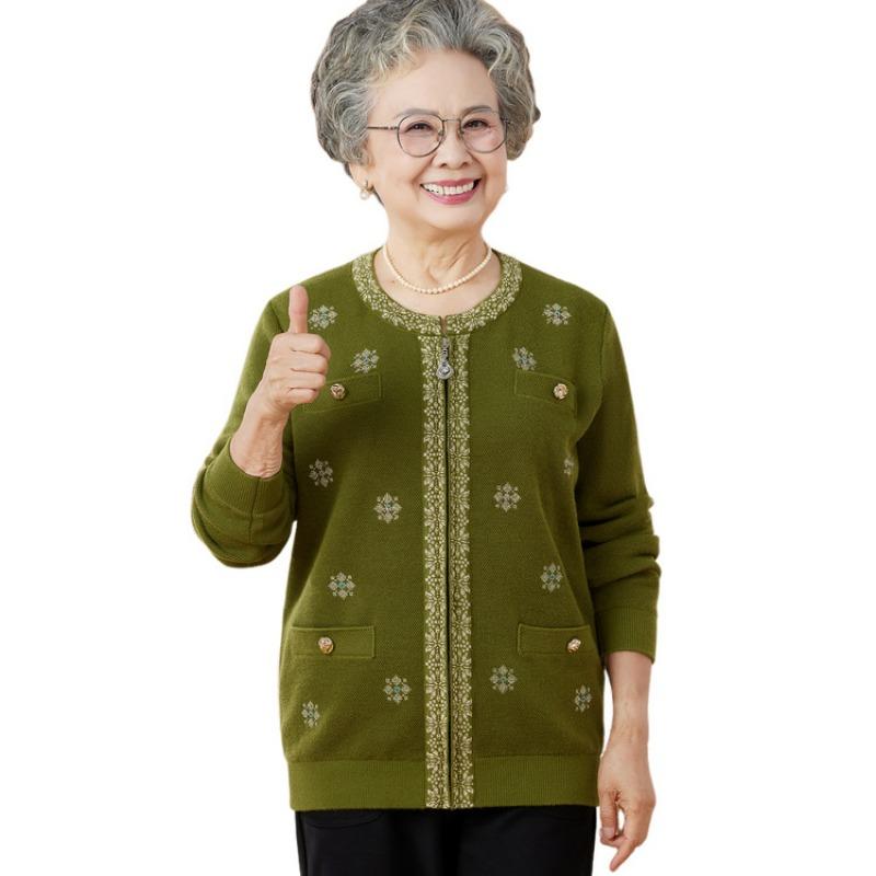 New zipper jacket for the elderly in autumn and winter, grandma jacquard top, mother autumn knitted cardigan