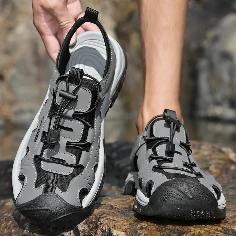 Fashion Leather Men's Summer Shoes Comfy Breathable Mens Sandals Non-Slip Male Anti-collision Toe Beach Flats Outdoor Shoes Hollow Out