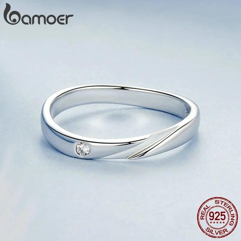BAMOER 925 Sterling Silver Simple Sparkling Band Ring Minimalist Stackable Ring for Women with Clear Cubic Zirconia
