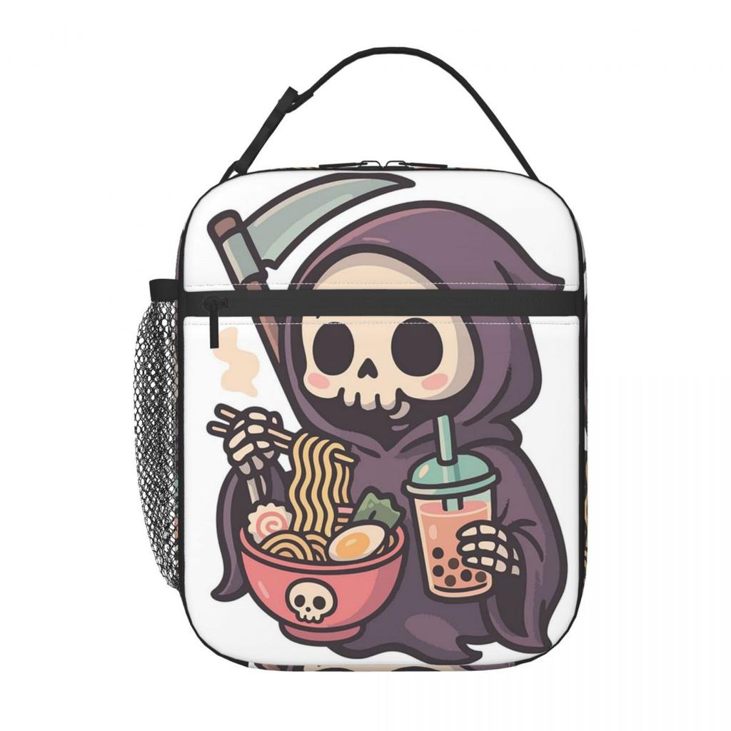 Cartoon Skeleton Eating Ramen Food Halloween Insulated Lunch Bag for Women Children Portable Food Boxes Thermal Lunch Box Tote