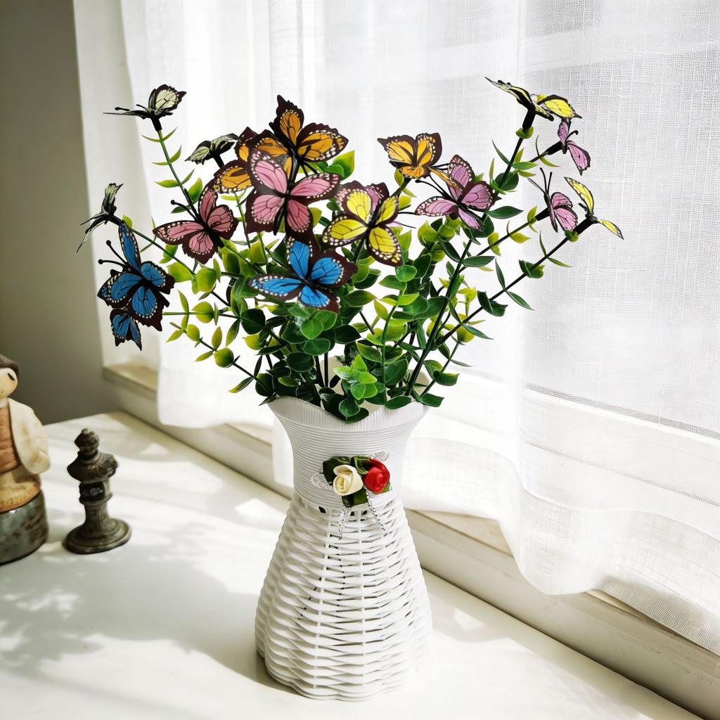 10pcs Colorful Butterfly Stems with Green Leaves In Wood Pot Artificial Butterfly Picks for Autumn Decor Home Decoration