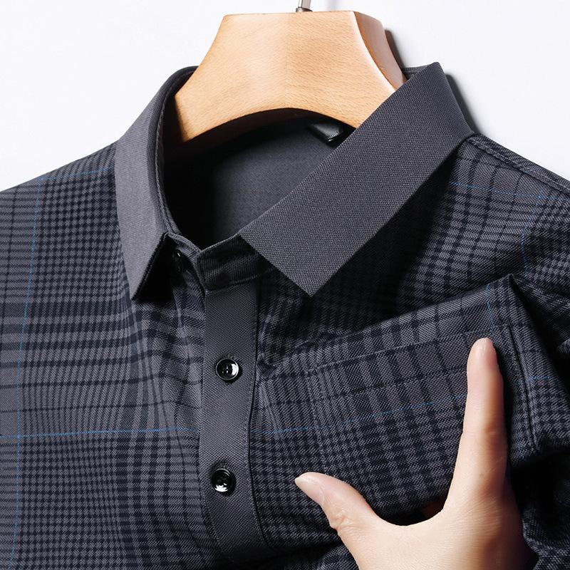 

Летняя тонкая мужская футболка с короткими рукавами в деловом стиле, повседневная универсальная мужская футболка в клетку с лацканами и принтом 3XL
